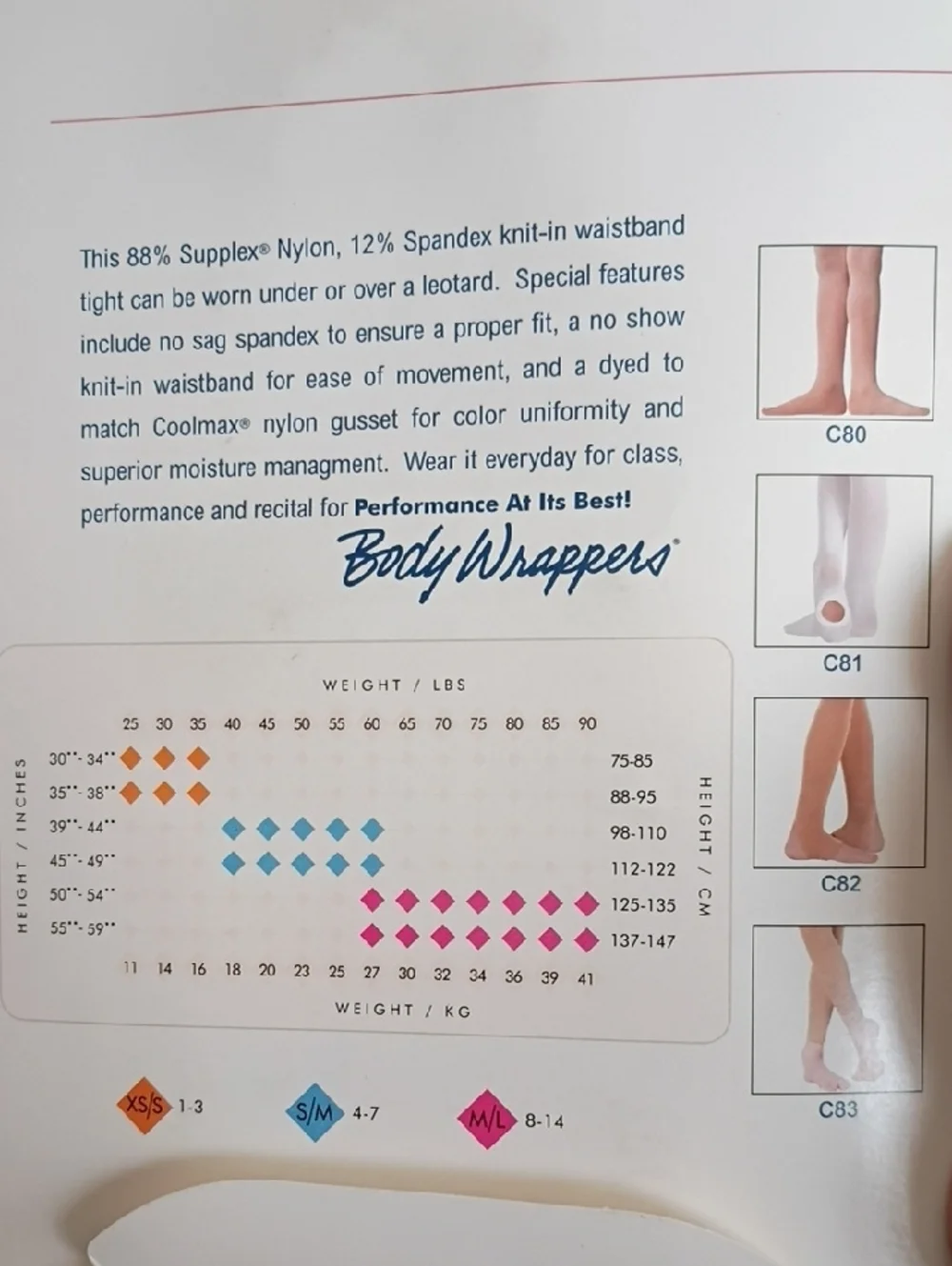 Body Wrappers Tights in Pink NIP Girls Size M/L